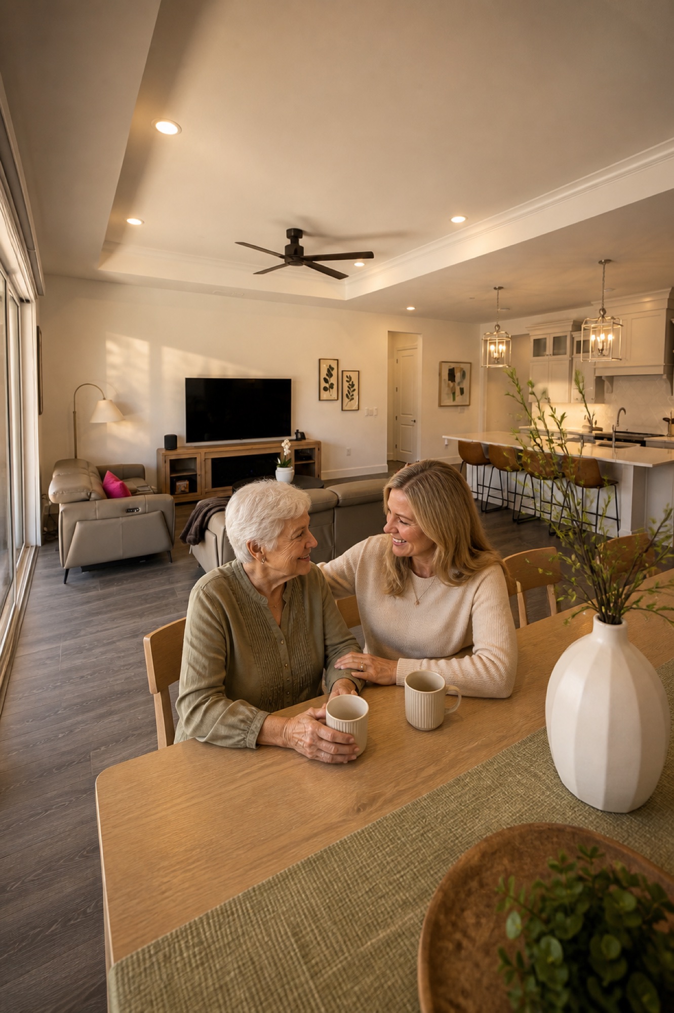 An older adult and family member enjoying time together in a warm residential setting